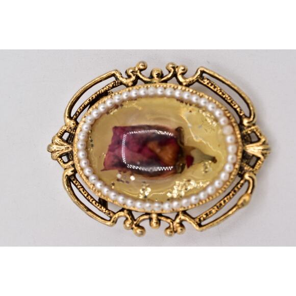 Vintage Dried Rosebud Flower Pin Brooch Antiqued Oval Romantic Chunky 70s BinBP - Picture 4 of 12